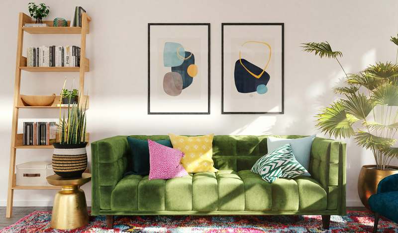 Stylish bohemian living room with layered textiles, rattan furniture, and earth-toned decor